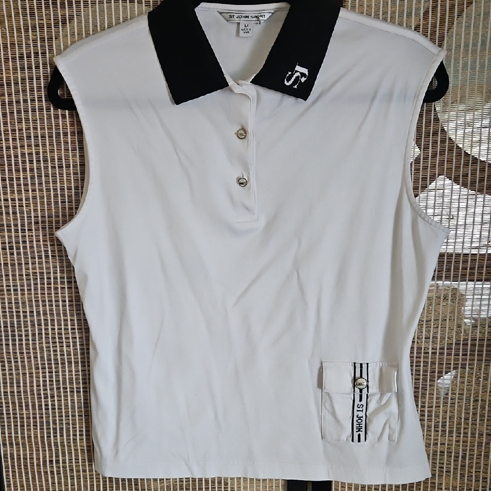 St. John Sport White Sleeveless Polo Shirt with Black Collar
